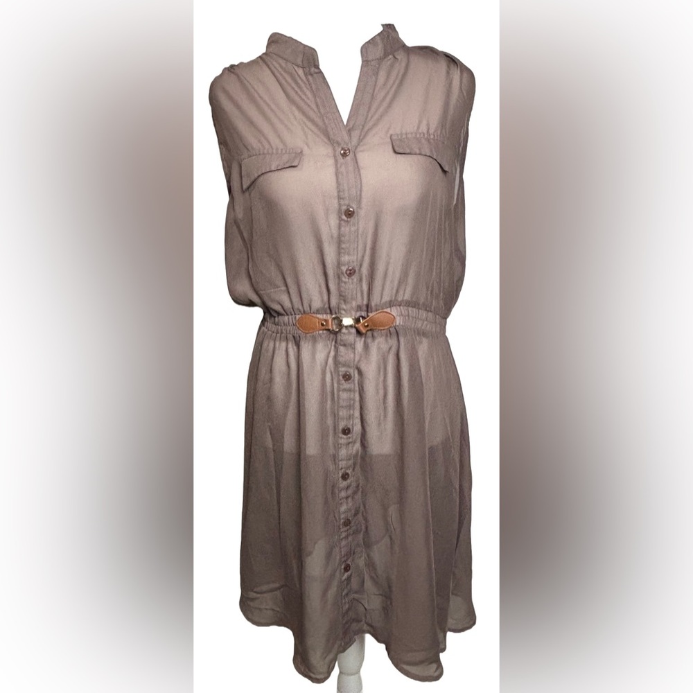 Rich & Beautiful L Brown Sheer Button Up Belted Dress